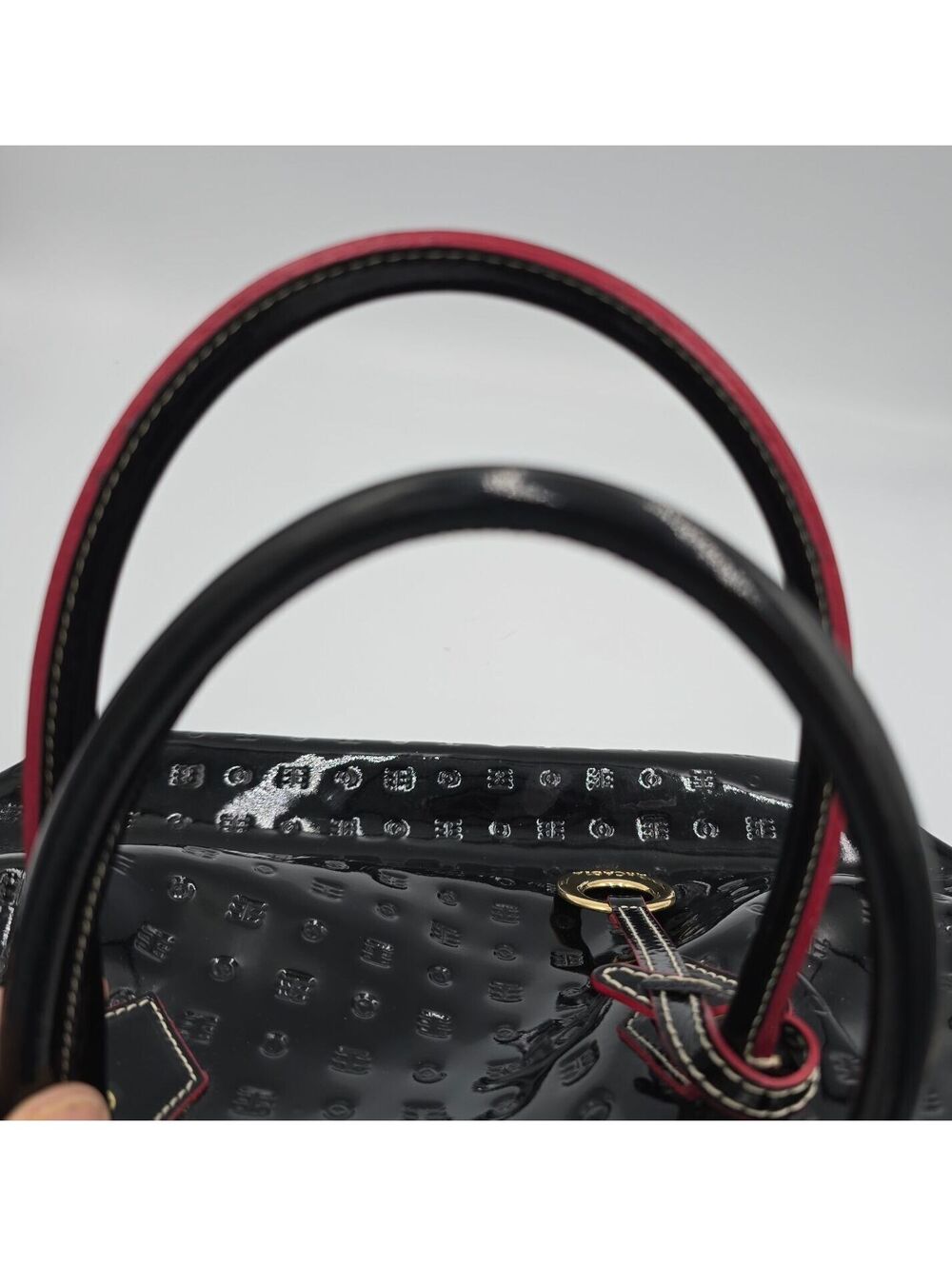 Arcadia Italy Black Patent Leather Embossed Logo Tote Handbag Gold Hardware - Picture 3 of 8